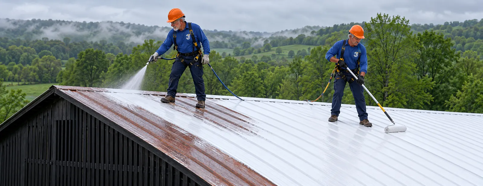 Roofing crew applying coating across a commercial metal roof in Jeffersontown, KY