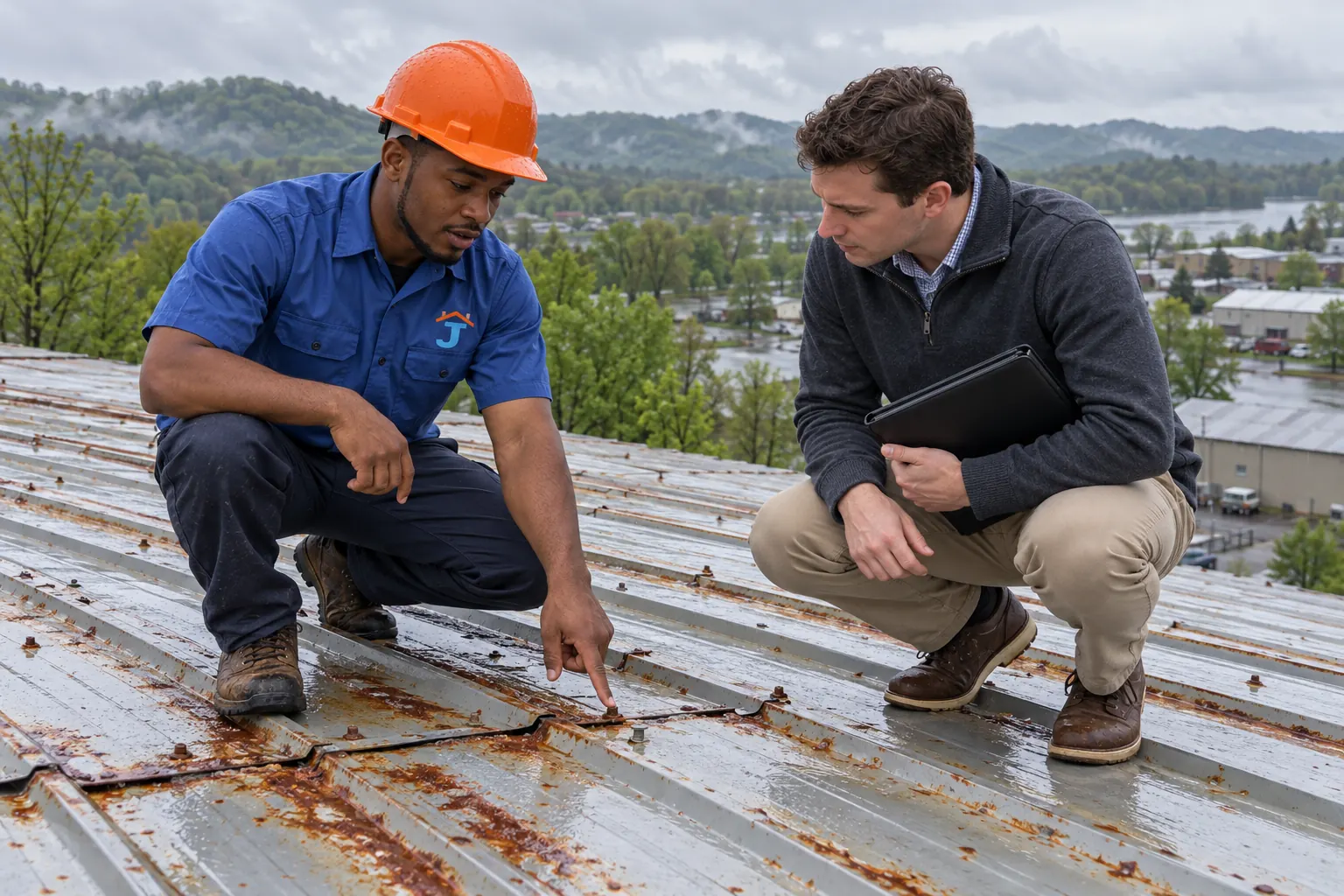 Roofer walking a commercial metal roof during a roof inspection