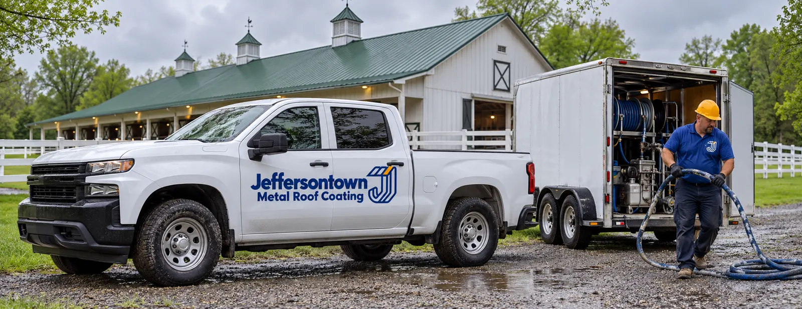 Roofing work truck parked beside a commercial building