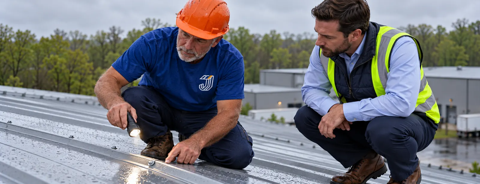 Roofer inspecting fasteners and panel laps on a commercial metal roof