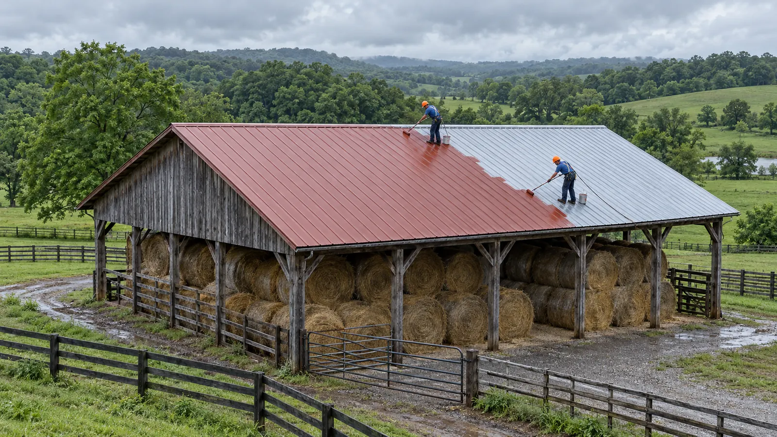 Aerial view of a large barn-style metal building roof