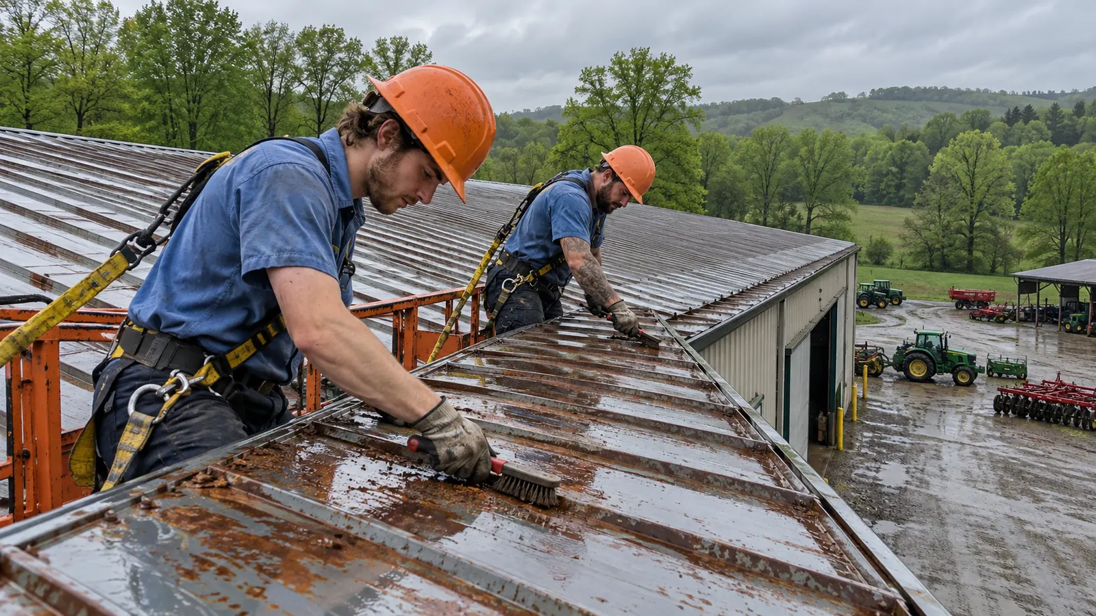 Crew preparing metal roof panels on a barn-style building before coating