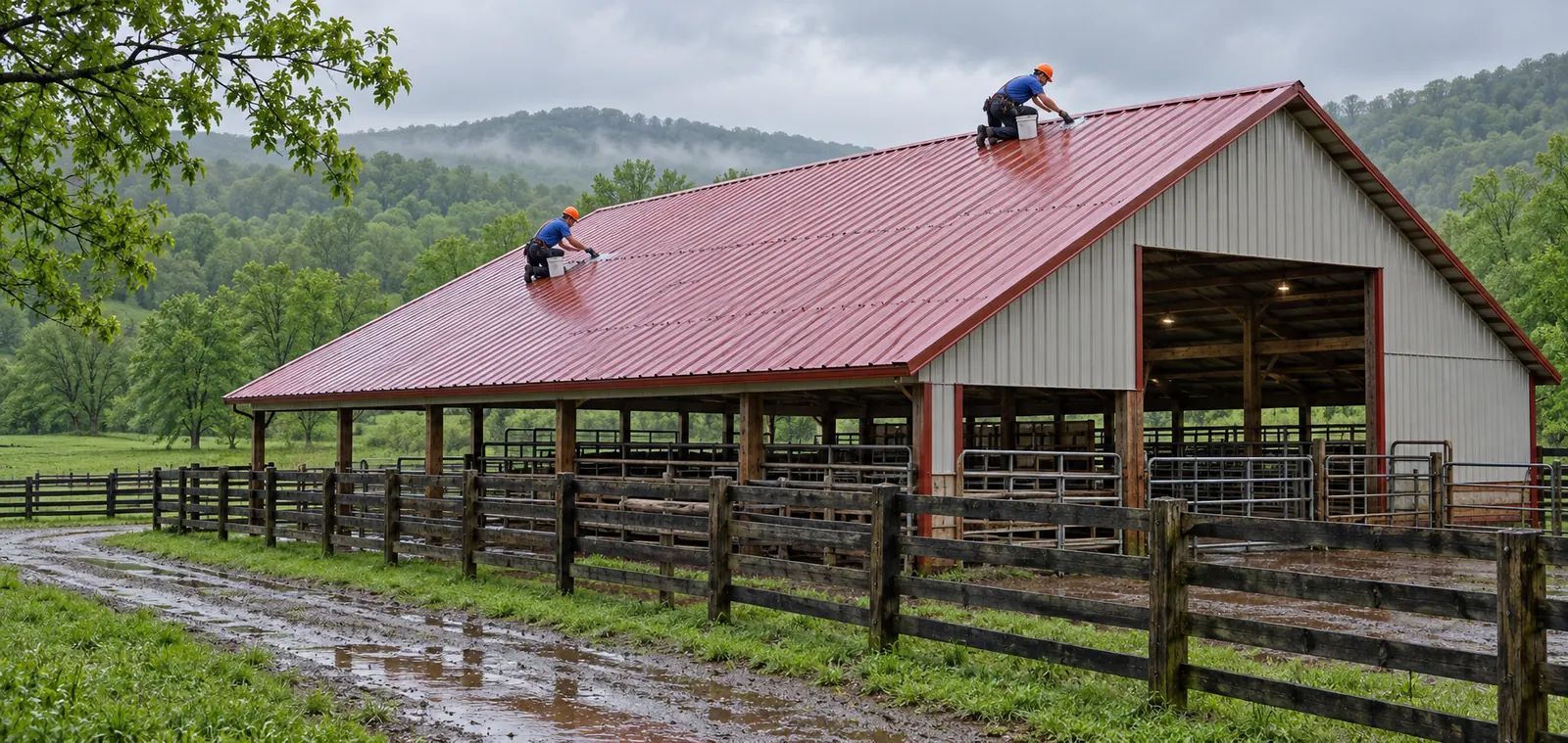 Panel seams being sealed on a metal building roof