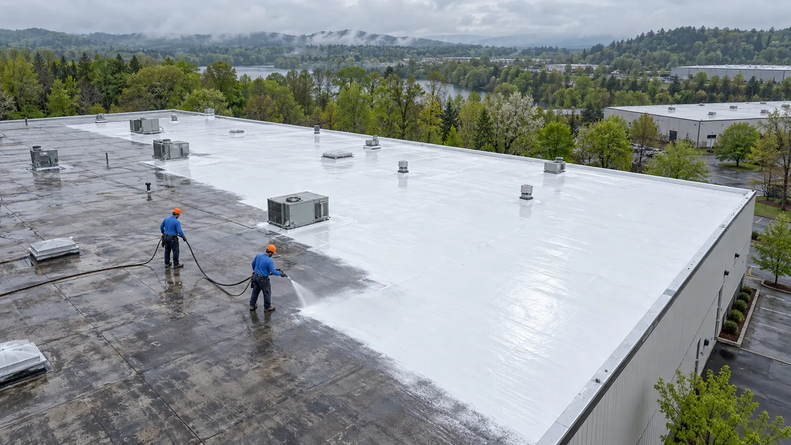Aerial view of a commercial roof during a silicone coating job