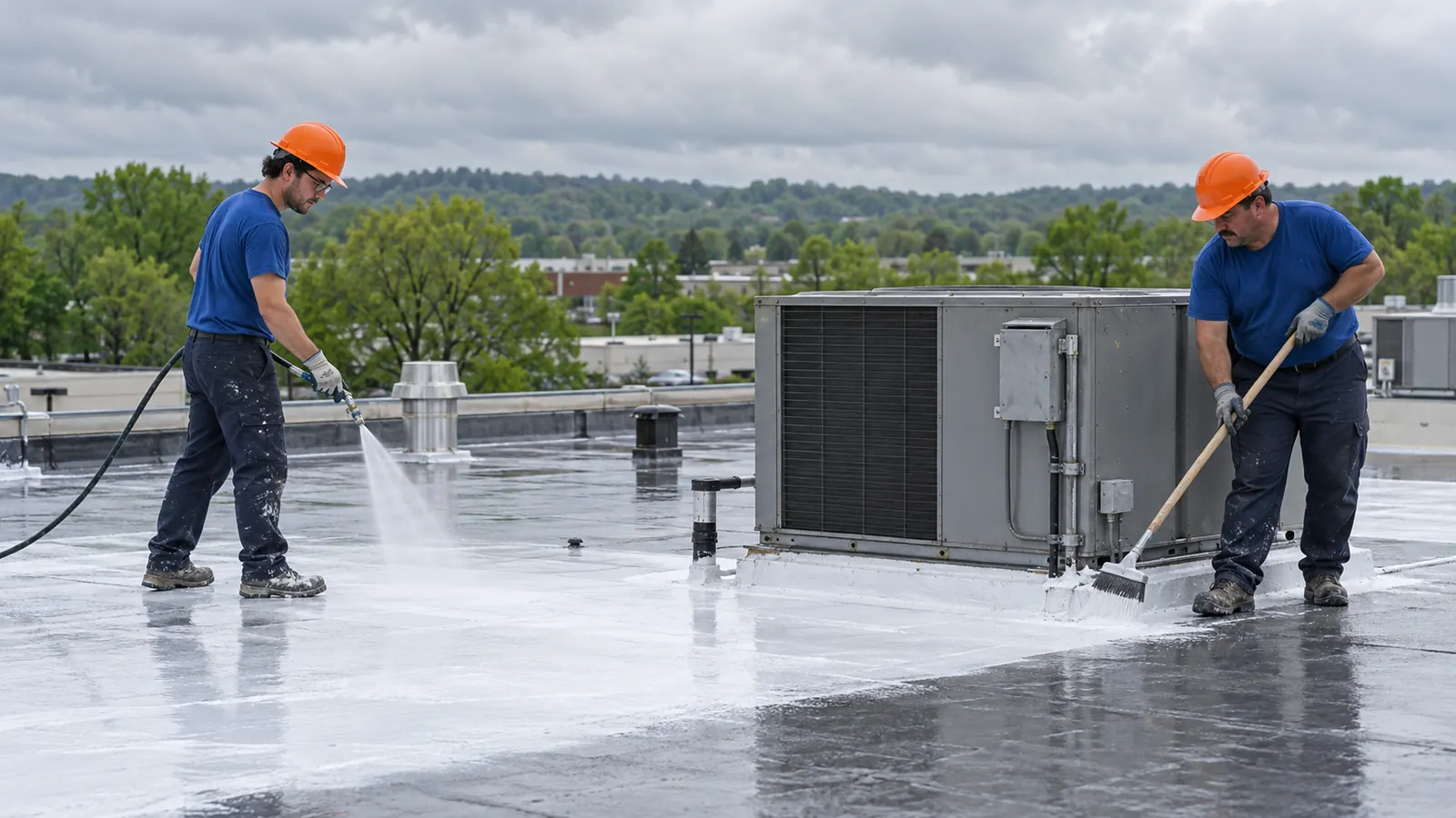Crew applying silicone coating to a commercial roof