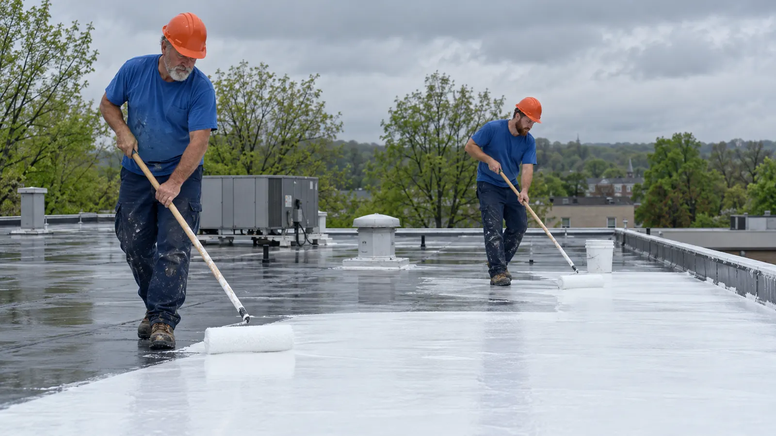 Crew applying acrylic coating to a commercial metal roof