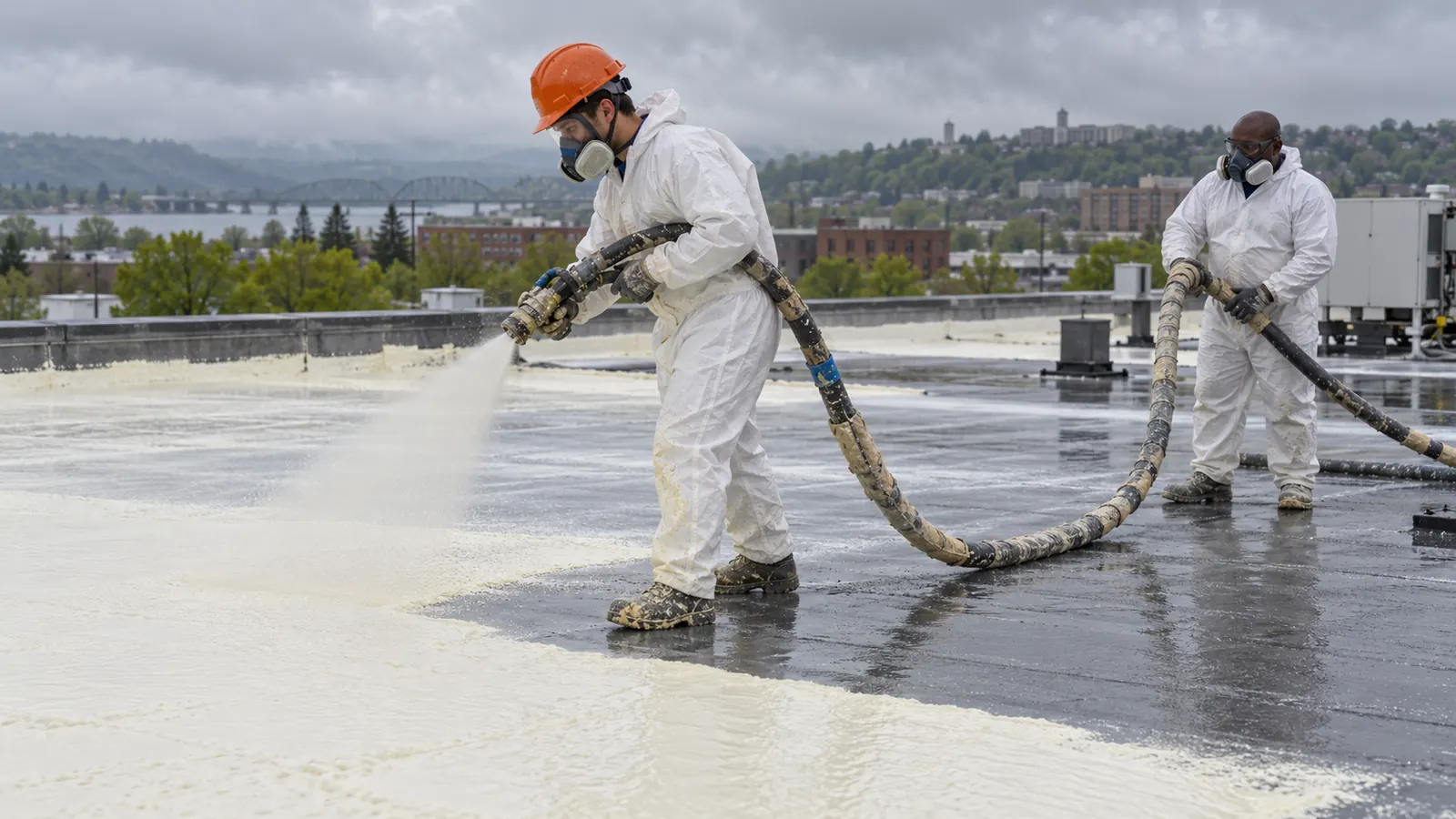 Crew spraying foam over a commercial roof