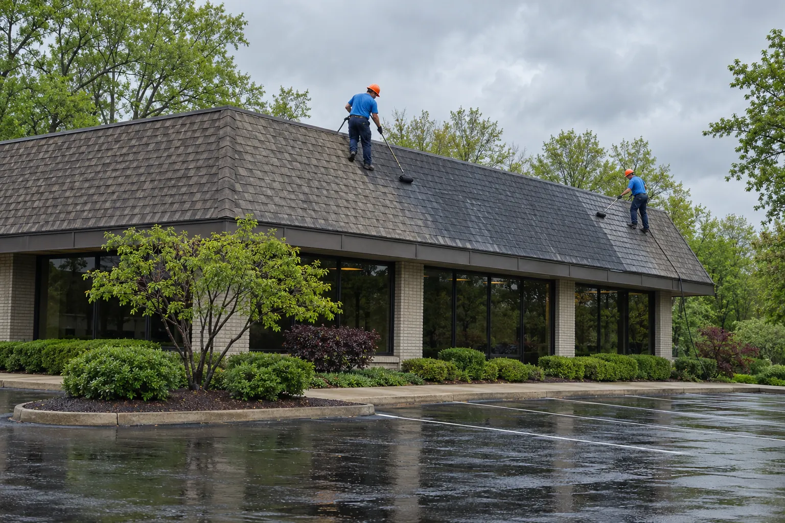 Crew coating an asphalt shingle roof on a commercial building