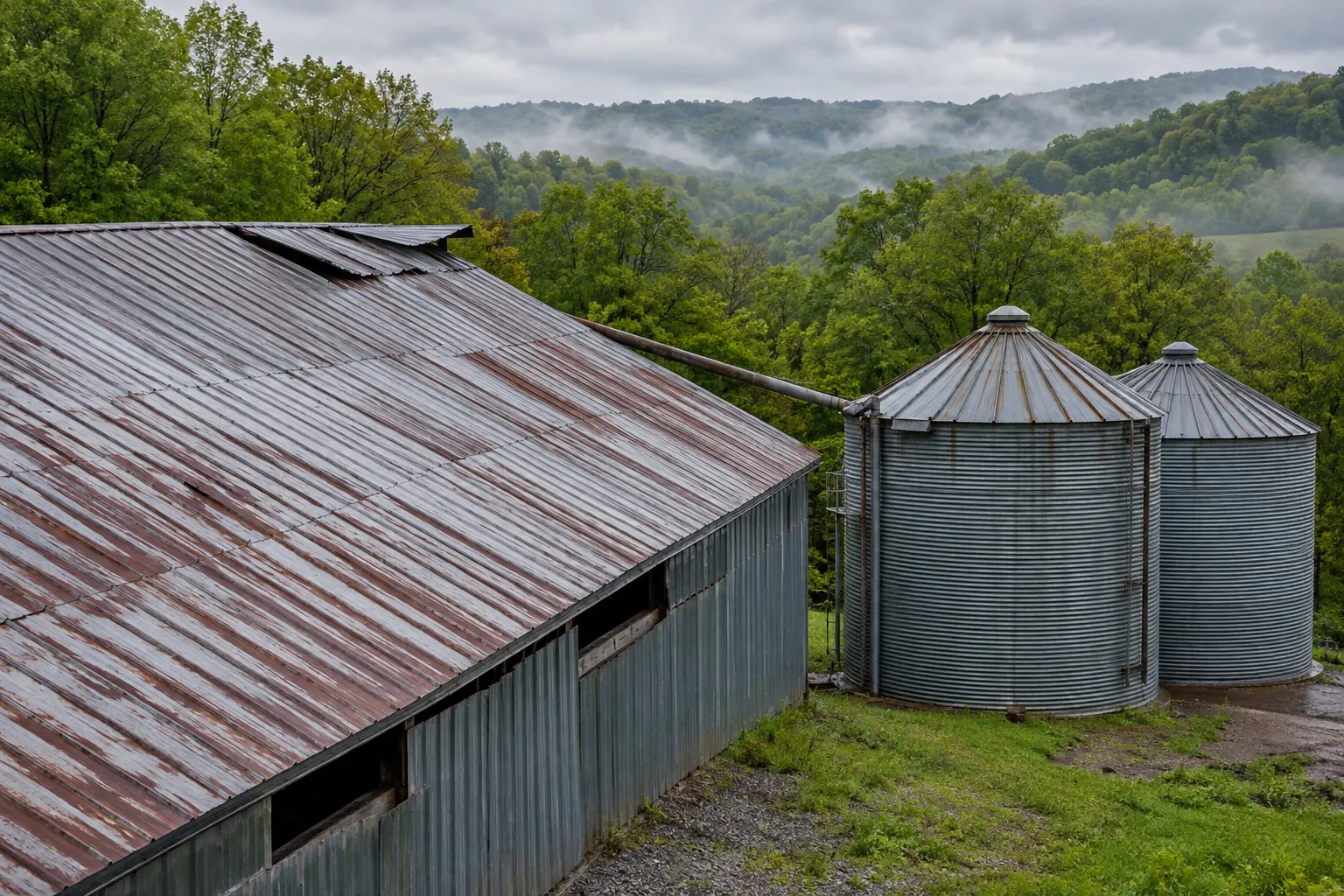 Weathered metal roof panels on a barn-style commercial building