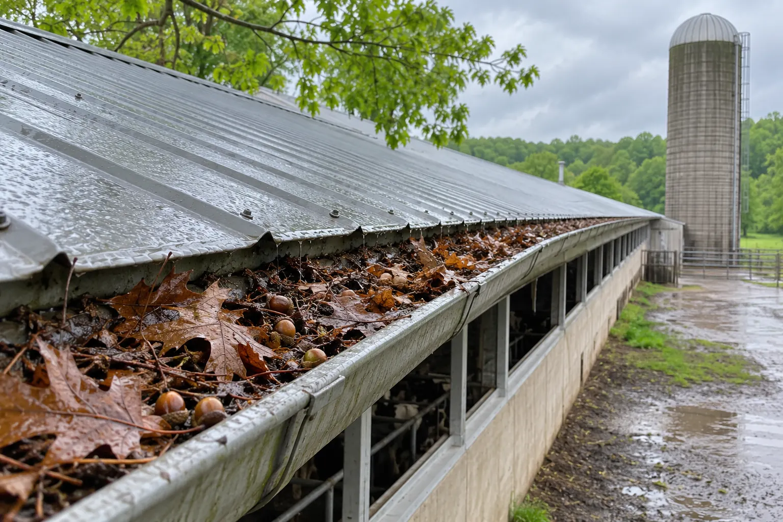 Gutter packed with debris along a commercial metal roof edge