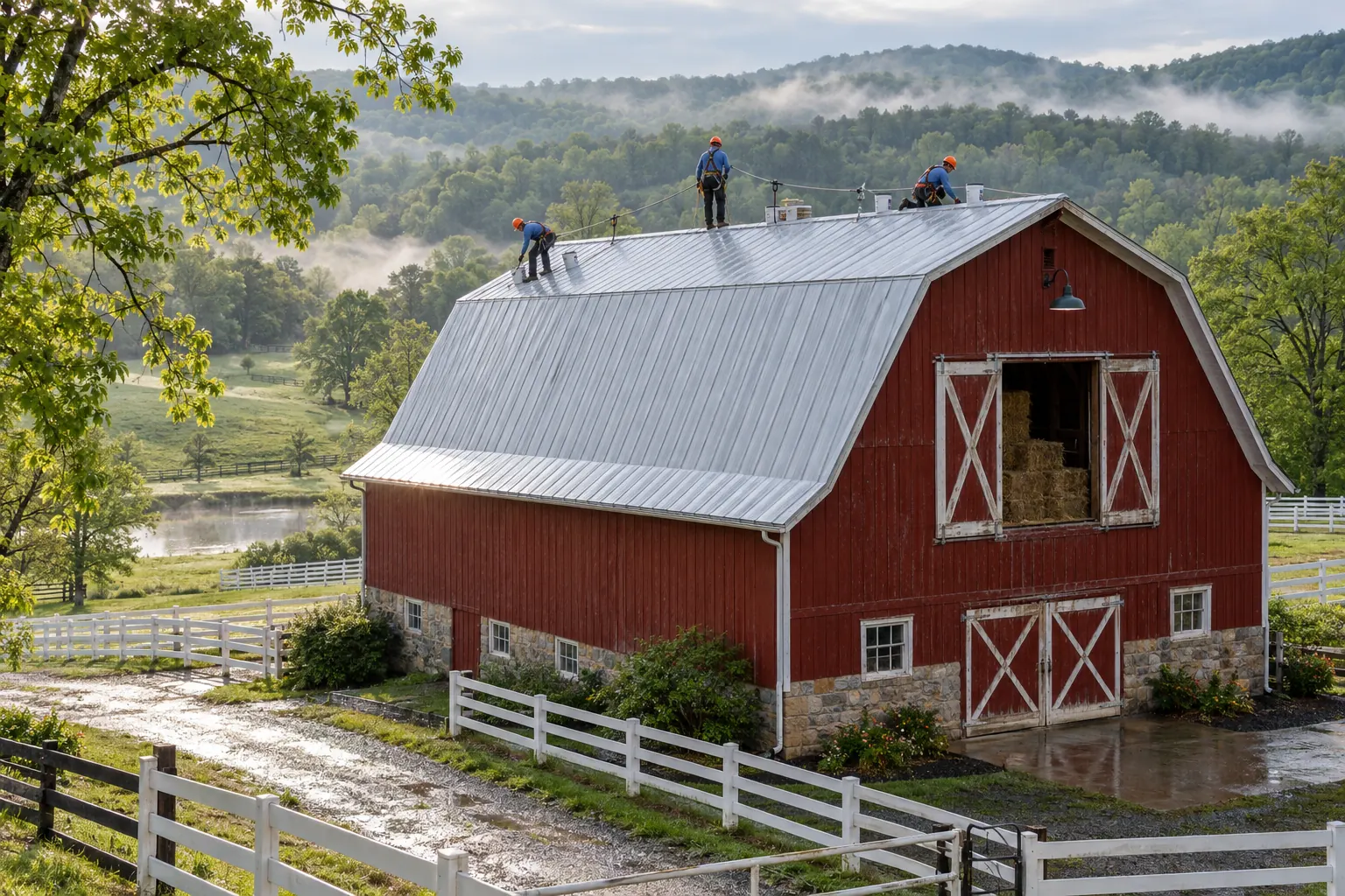Roofing crew staging equipment beside a commercial building