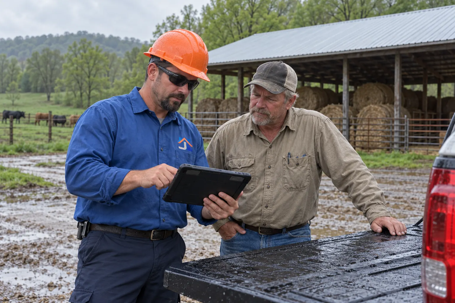 Facility manager and roofer talking through a roof plan